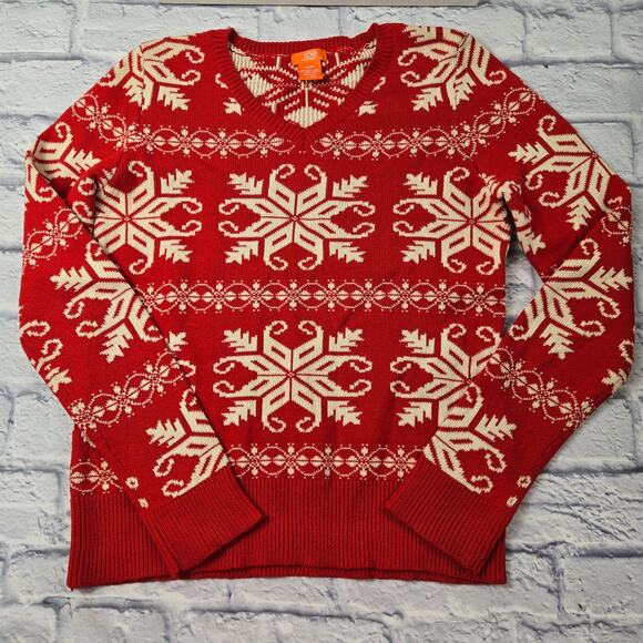Joe Fresh Holiday Sweater Snowflake Fair Isle Red V-neck Christmas size Medium - Picture 3 of 9
